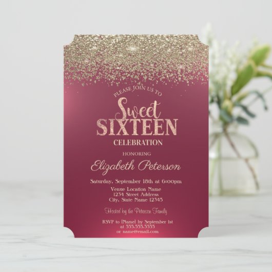 Elegant Modern Gold Confetti Diamonds Red Sweet 16 Kaart (Staand voorkant)