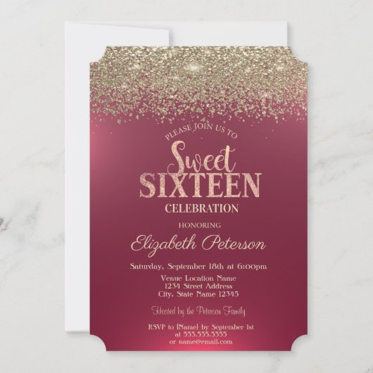 Elegant Modern Gold Confetti Diamonds Red Sweet 16 Kaart (Voorkant)