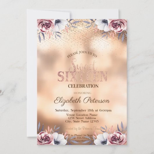 Elegant Modern Gold Confetti, Rozen Sweet 16 Kaart (Voorkant)