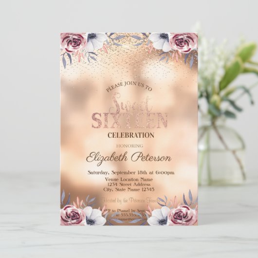 Elegant Modern Gold Confetti, Rozen Sweet 16 Kaart (Staand voorkant)