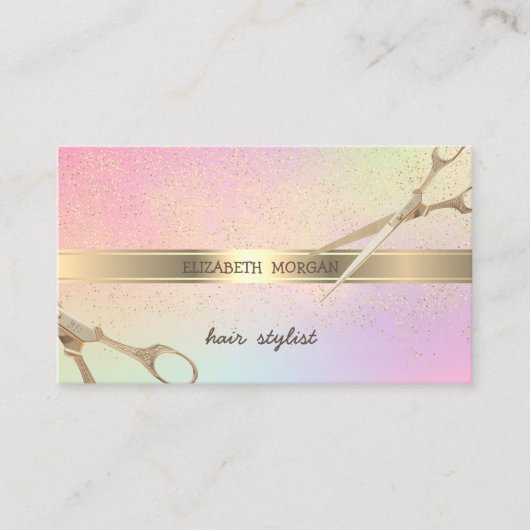 Elegant Modern Gold Confetti, Scissors Holographic Visitekaartje (Voorkant)