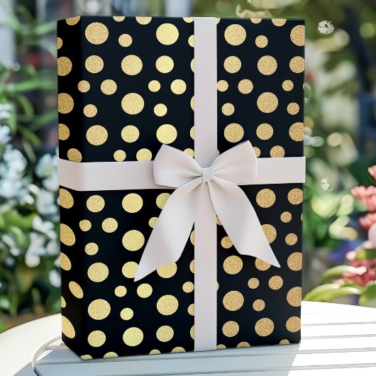 Elegant Modern Gold Faux Folie Polka Dots op Zwart Cadeaupapier
