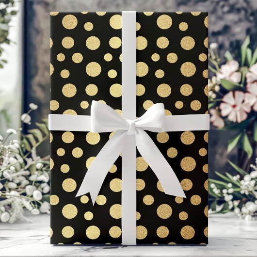 Elegant Modern Gold Faux Folie Polka Dots op Zwart Cadeaupapier