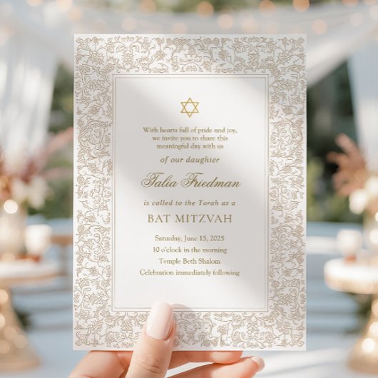 Elegant Modern Gold Floral Bat Mitzvah  Kaart