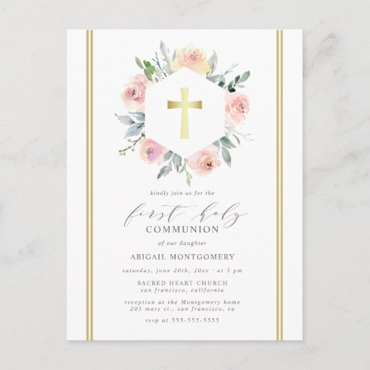 Elegant & modern Gold Floral Eerste Heilige Commun Uitnodiging Briefkaart (Voorkant)