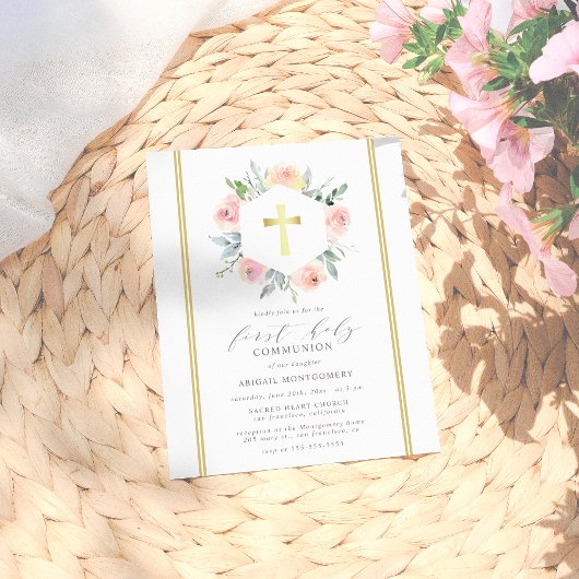 Elegant & modern Gold Floral Eerste Heilige Commun Uitnodiging Briefkaart