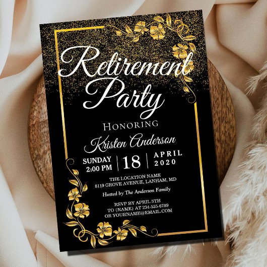 Elegant Modern Gold Floral Retirement Party Kaart