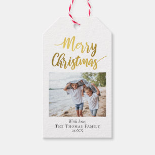 Elegant & Modern Gold Foil kerstfamilie Foto Cadeaulabel