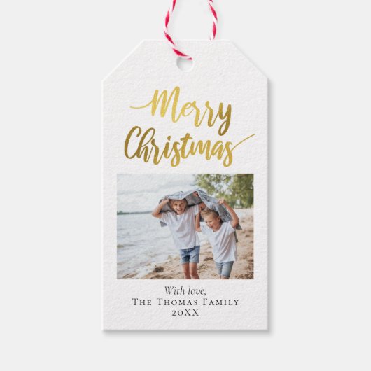 Elegant & Modern Gold Foil kerstfamilie Foto Cadeaulabel (Voorkant)