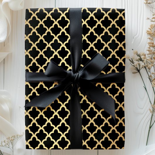 Elegant Modern Gold Foil Moroccan Trellis Black Cadeaupapier