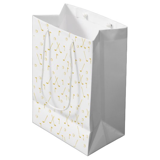 Elegant Modern Gold Golf Pattern Golfer White Medium Cadeauzakje (Voorkant Gekanteld)