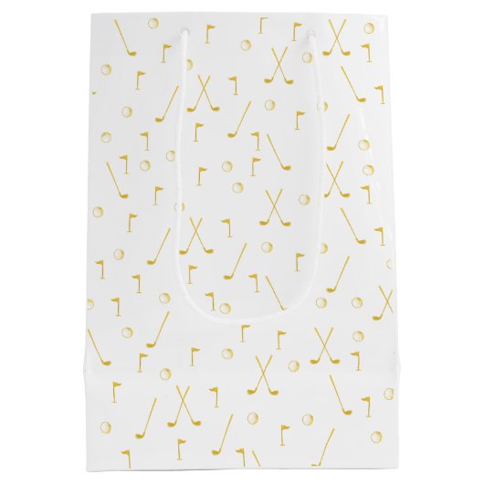Elegant Modern Gold Golf Pattern Golfer White Medium Cadeauzakje (Achterkant)