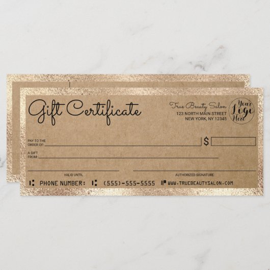 Elegant modern Gold Kraft Check Cadeaucertificaat (Voorkant / Achterkant)