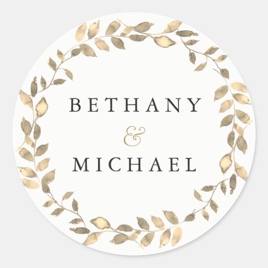 Elegant Modern Gold Leaf Wreath Wedding Name Ronde Sticker (Voorkant)