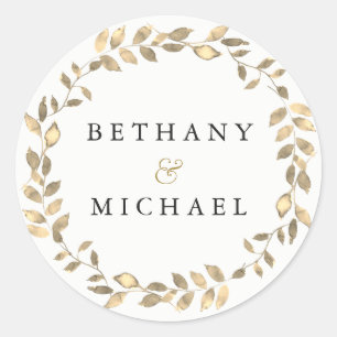 Elegant Modern Gold Leaf Wreath Wedding Name Ronde Sticker
