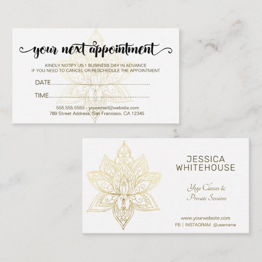 Elegant Modern Gold Lotus Flower Script Afsprakenkaartje (Voorkant / Achterkant)