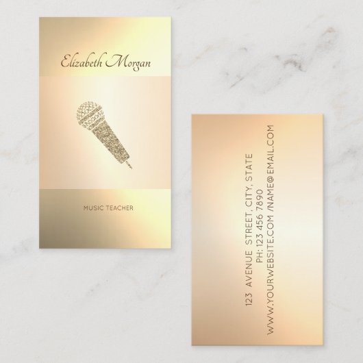 Elegant Modern, Gold-microfoon, muziekdocent Visitekaartje (Voorkant / Achterkant)