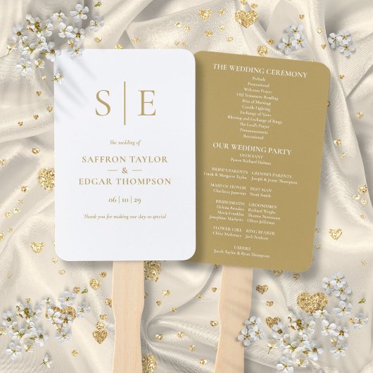 Elegant Modern Gold Monogram Trouwprogramma Handwaaier
