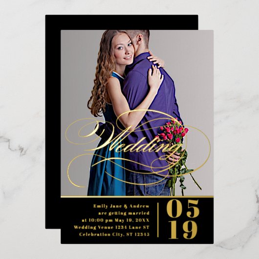 Elegant  Modern Gold Photo Wedding Folie Uitnodiging (Voorkant / Achterkant)