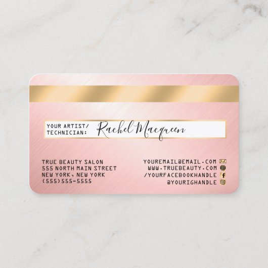 Elegant Modern Gold Pink Metallic Credit Kaart Log Visitekaartje (Achterkant)