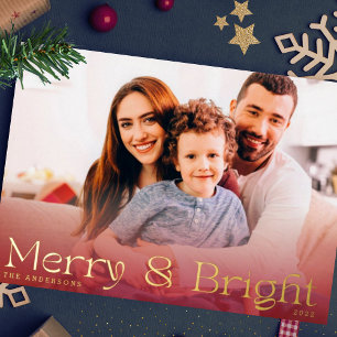 Elegant Modern Gold Ppress Photo Merry en Bright Folie Feestdagenkaart