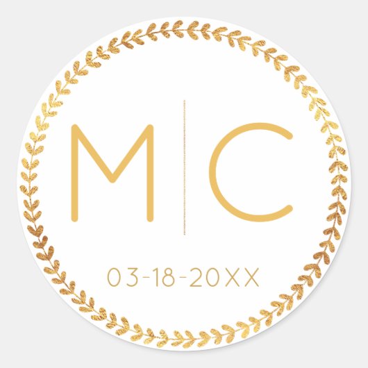 Elegant modern Gold Rustic Wreath Monogram Weddens Ronde Sticker (Voorkant)