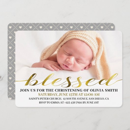 Elegant Modern Gold Script Photo Christening Kaart (Voorkant / Achterkant)