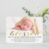 Elegant Modern Gold Script Photo Christening Kaart (Staand voorkant)