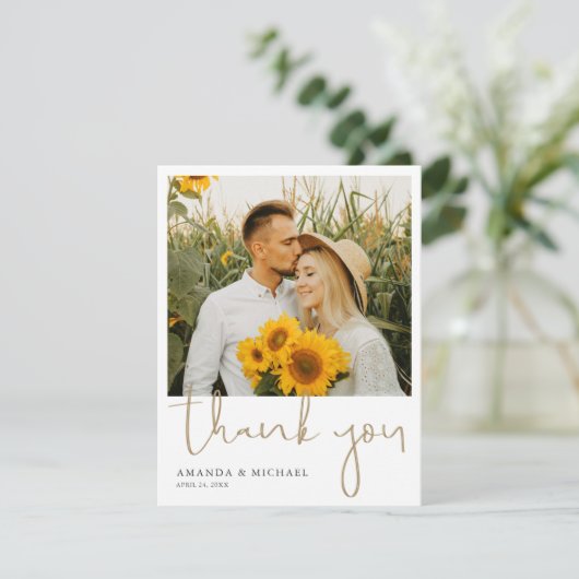 Elegant modern Gold Script Photo Wedding Bedankkaart (Staand voorkant)