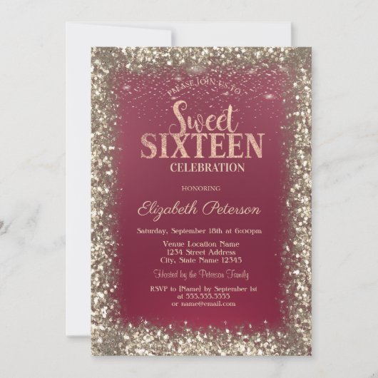 Elegant Modern Gold Sequins Lijst Red Sweet 16 Kaart (Voorkant)