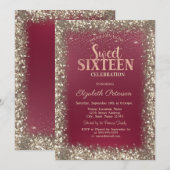 Elegant Modern Gold Sequins Lijst Red Sweet 16 Kaart (Voorkant / Achterkant)