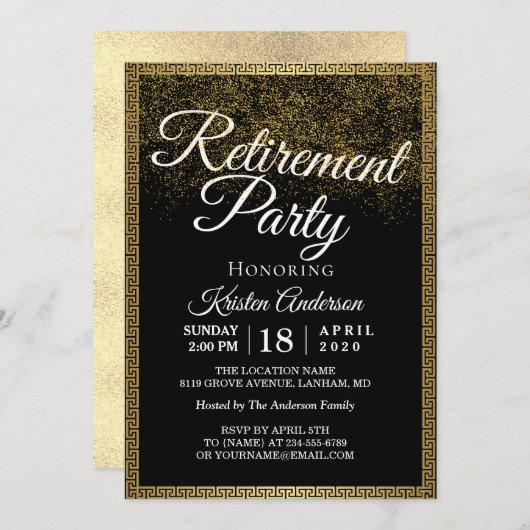 Elegant Modern Gold Sparkles Retirement Party Invi Kaart (Voorkant / Achterkant)