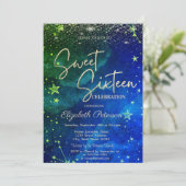 Elegant Modern Gold Stars Blue Green Sweet 16 Kaart (Staand voorkant)