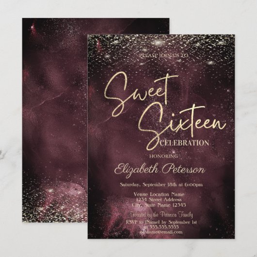 Elegant Modern Gold Stars Burgundy Sweet 16 Kaart (Voorkant / Achterkant)