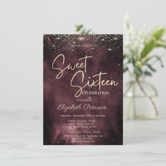 Elegant Modern Gold Stars Burgundy Sweet 16 Kaart (Staand voorkant)