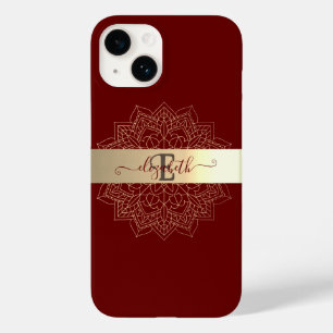 Elegant Modern Gold Stripe Floral Mandala Red Case-Mate iPhone 14 Hoesje