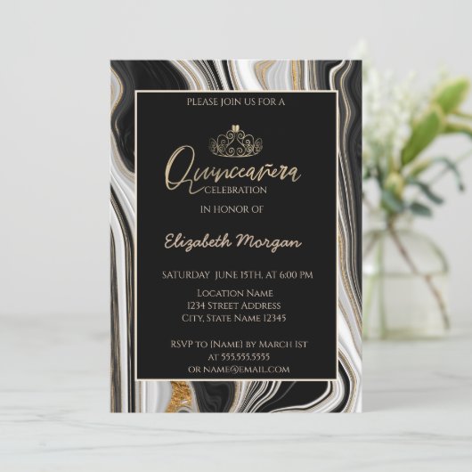 Elegant Modern Gold Tiara, Black Gold Marble Kaart (Staand voorkant)