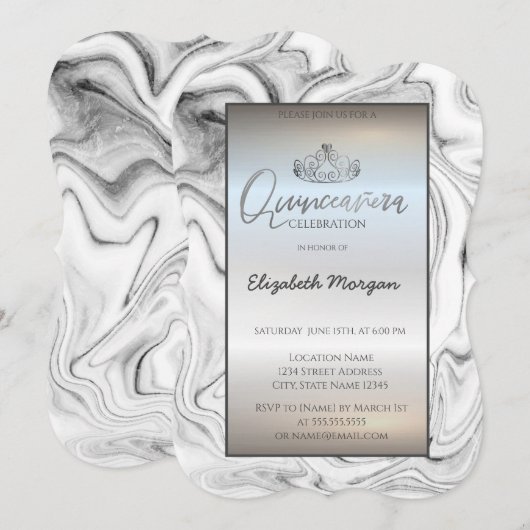 Elegant Modern Gold Tiara, Silver Marble Invitatio Kaart (Voorkant / Achterkant)