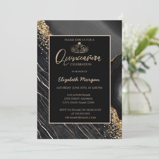 Elegant Modern Gold Tiara, zwarte marmer Kaart (Staand voorkant)