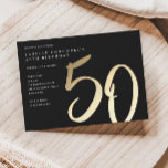 Elegant modern Gold Type 50e verjaardag Uitnodiging Briefkaart<br><div class="desc">Moderne minimalistische uitnodiging voor een 50e verjaardag biedt een stijlvol faux gouden folie met handgeschreven script 50 en uw partijdetails in klassiek serif lettertype op zwarte achtergrondkleur, eenvoudig en elegant, geweldige, verrassende, mijlpachtige verjaardagsuitnodiging voor mannen en vrouwen. De zwarte achtergrondkleur kan in om het even welke kleur van uw keus...</div>
