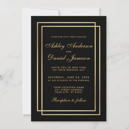 Elegant Modern Gold Wedding Black White Uitnodigin Kaart (Voorkant)