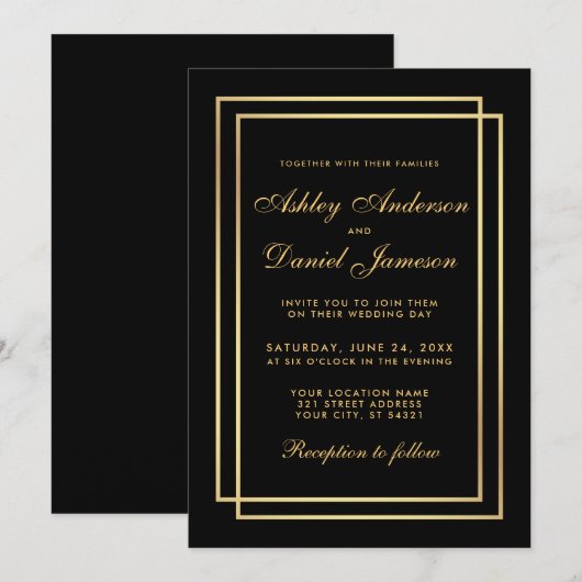 Elegant Modern Gold Wedding Black White Uitnodigin Kaart (Voorkant / Achterkant)