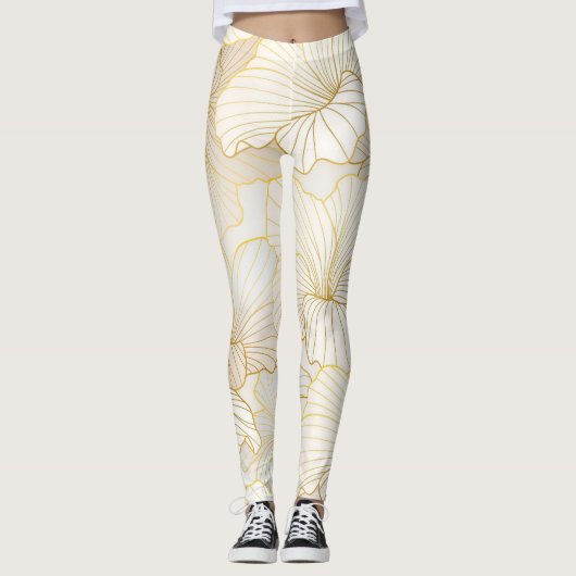 Elegant modern Gold White Floral Line Collectie Leggings (Voorkant)