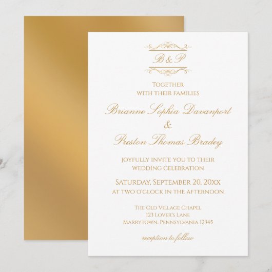 Elegant Modern Gold & White Monogram Wedding Kaart (Voorkant / Achterkant)