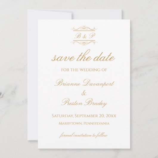 Elegant Modern Gold & White Monogram Wedding Save The Date (Voorkant)