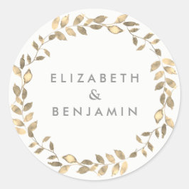 Elegant Modern Golden Leaf Wreath Wedding Ronde Sticker
