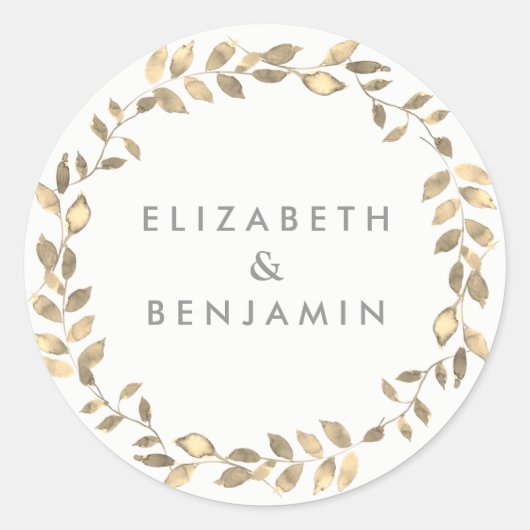 Elegant Modern Golden Leaf Wreath Wedding Ronde Sticker (Voorkant)