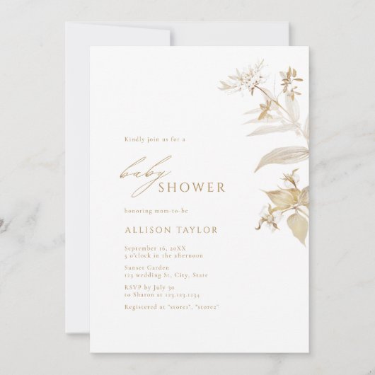 Elegant modern goud Baby shower van flora en fauna Kaart (Voorkant)