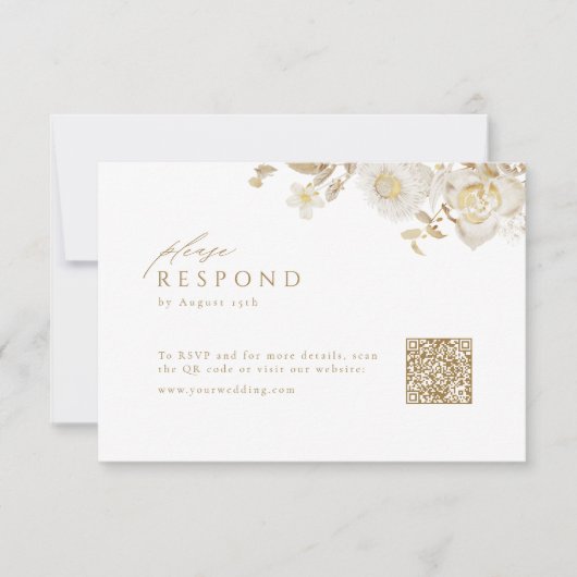 Elegant Modern Goud Bloemen Bruiloft QR code RSVP Kaartje (Voorkant)