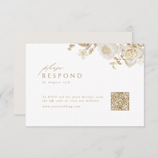 Elegant Modern Goud Bloemen Bruiloft QR code RSVP Kaartje (Voorkant / Achterkant)